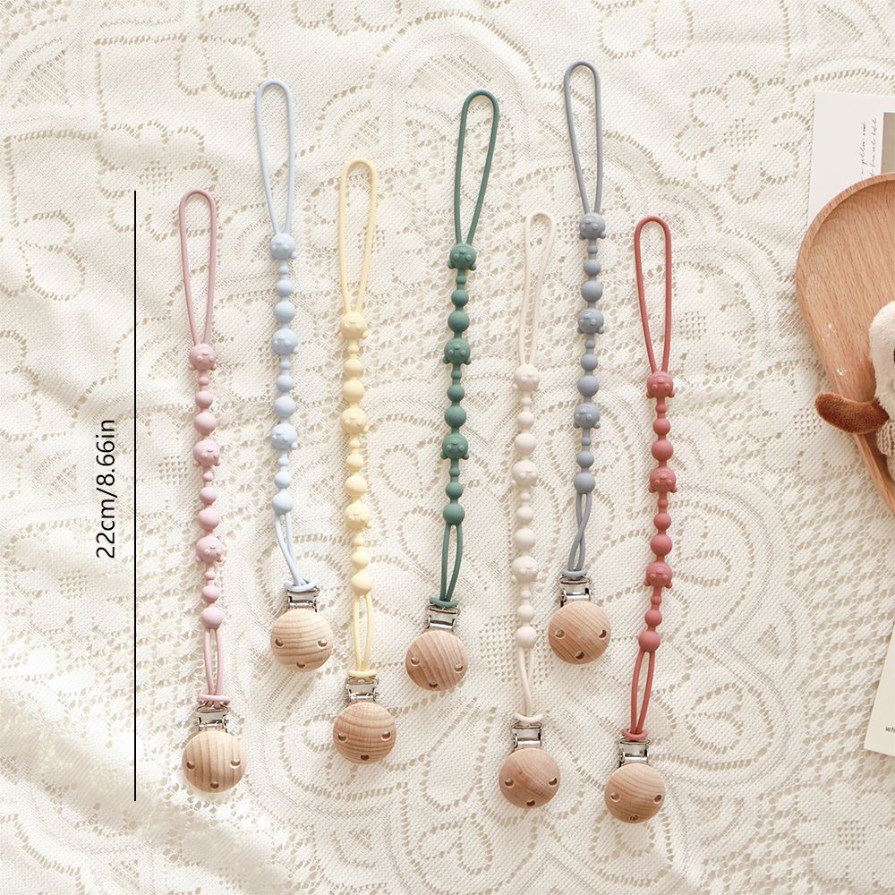 Silicone Dummy Clip, Beaded Soother Holder with Beech Wood Clip & Bear, Face Beads, 22 cm, 7 Colours, detail of the stitchin