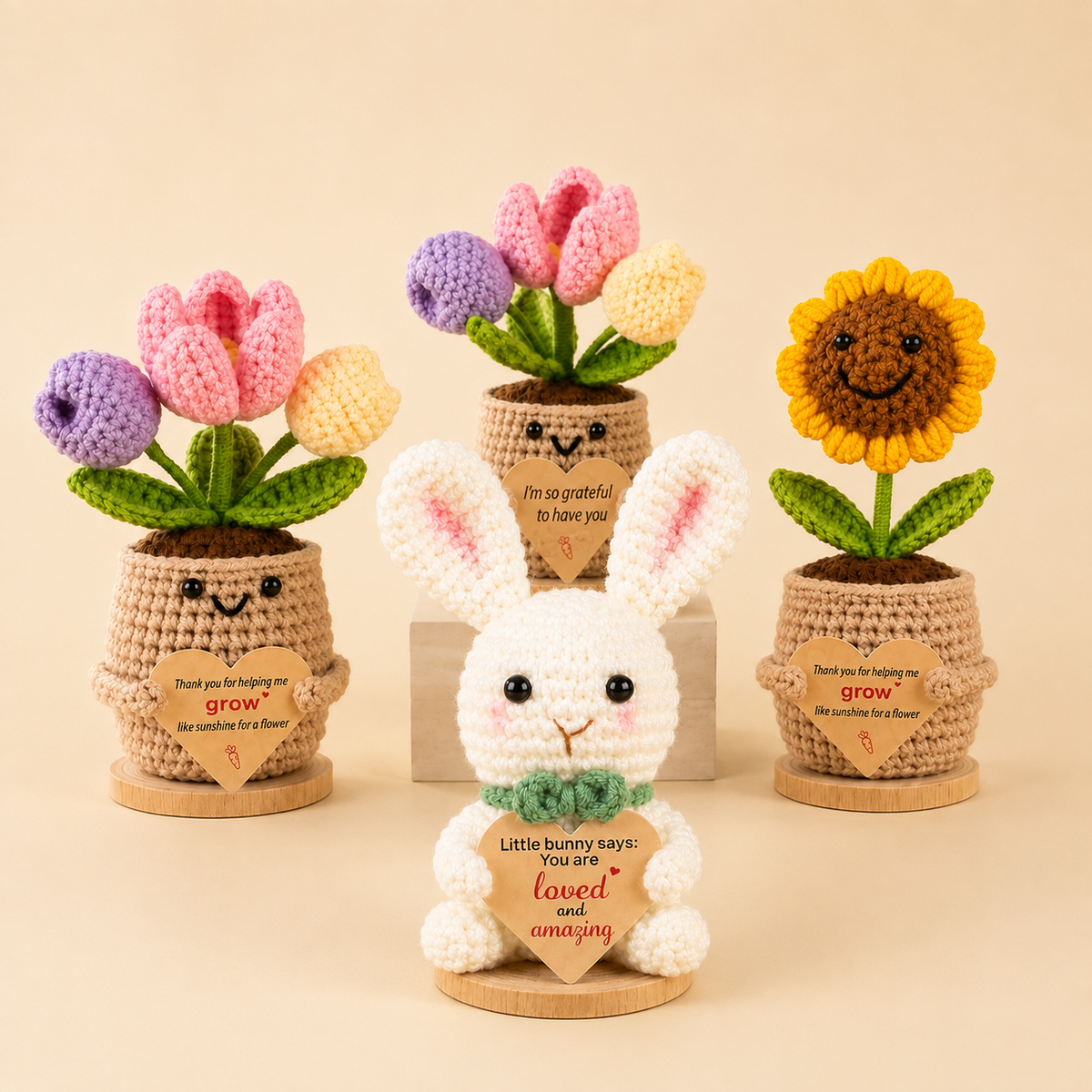 Hand Crochet Flower & Bunny Desk Decorations, front view