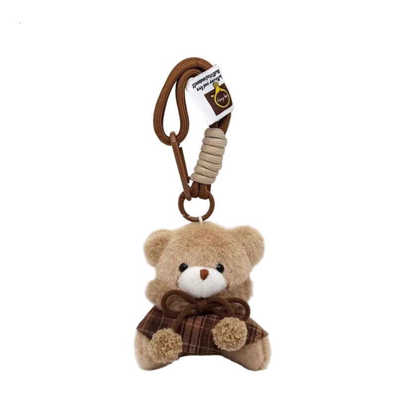 Plush Bear Bag Charm, Caped Teddy in a Checked Cape on a Braided Cord, 19 cm Drop, Two Colours, front view