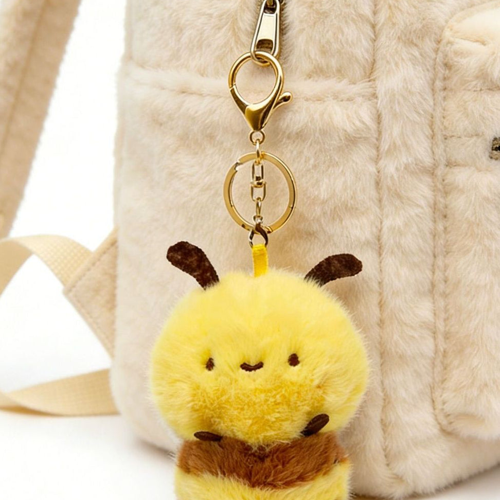 Plush Bee Bag Charm, Soft Toy Bee Keyring or Lanyard, 11 cm, Single or Pair, close-up of the fabric texture