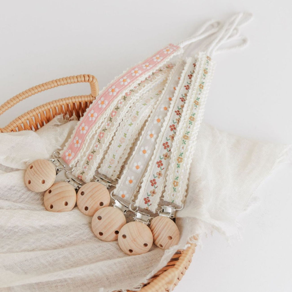 Floral Ribbon Dummy Clip, Lace Edge Soother Holder with Beech Wood Clip, 28.5 cm, 7 Designs, angled view
