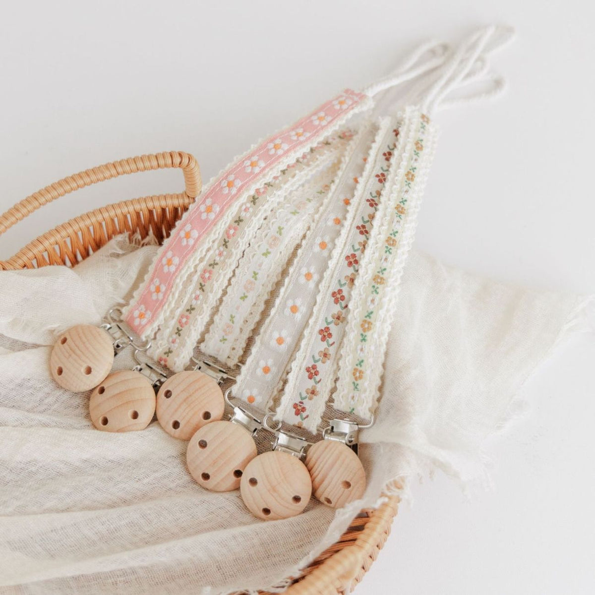Floral Ribbon Dummy Clip, Lace Edge Soother Holder with Beech Wood Clip, 28.5 cm, 7 Designs, angled view
