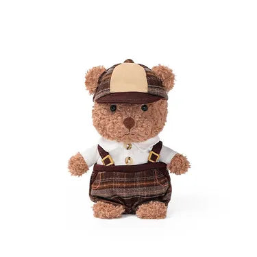 Detective Teddy Bear Plush Toy, Soft Curly Fur Bear Doll in Outfit, 18 cm, front view