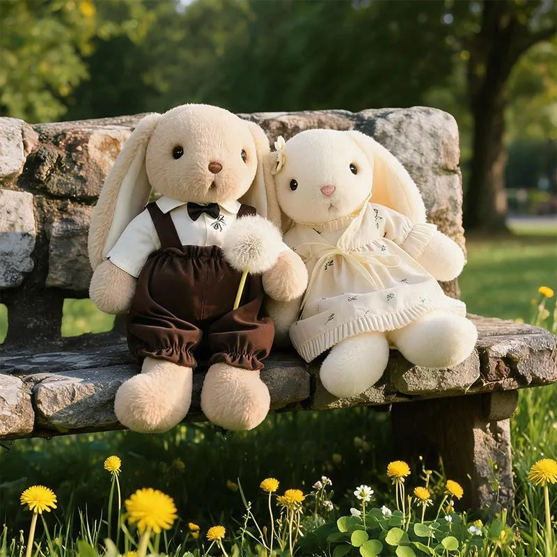 Dressed Rabbit Doll, Six Characters, 30 cm and 45 cm, Ages 6+, shown on a bed