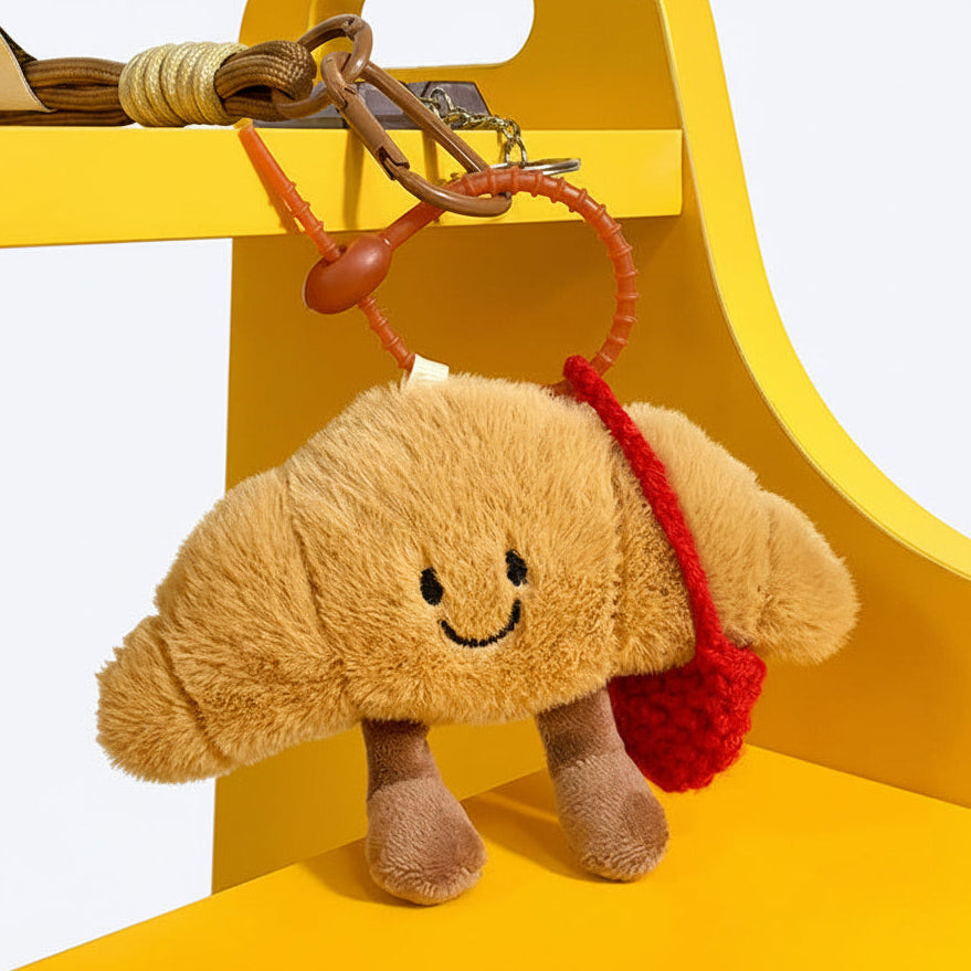 Plush Croissant Bag Charm, Smiling Pastry Keyring, 14 cm, PP Cotton, Three Versions, close-up detail