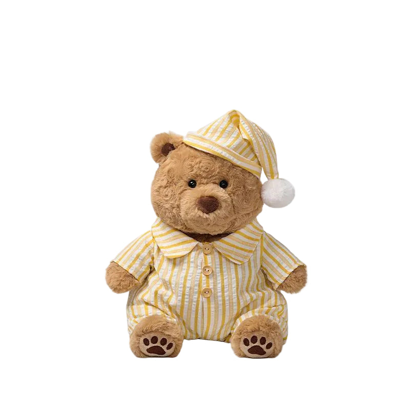 Pajama Teddy Bear Plush Toy, Soft Stuffed Bear in Striped Sleepwear & Cap, 25 cm, front view