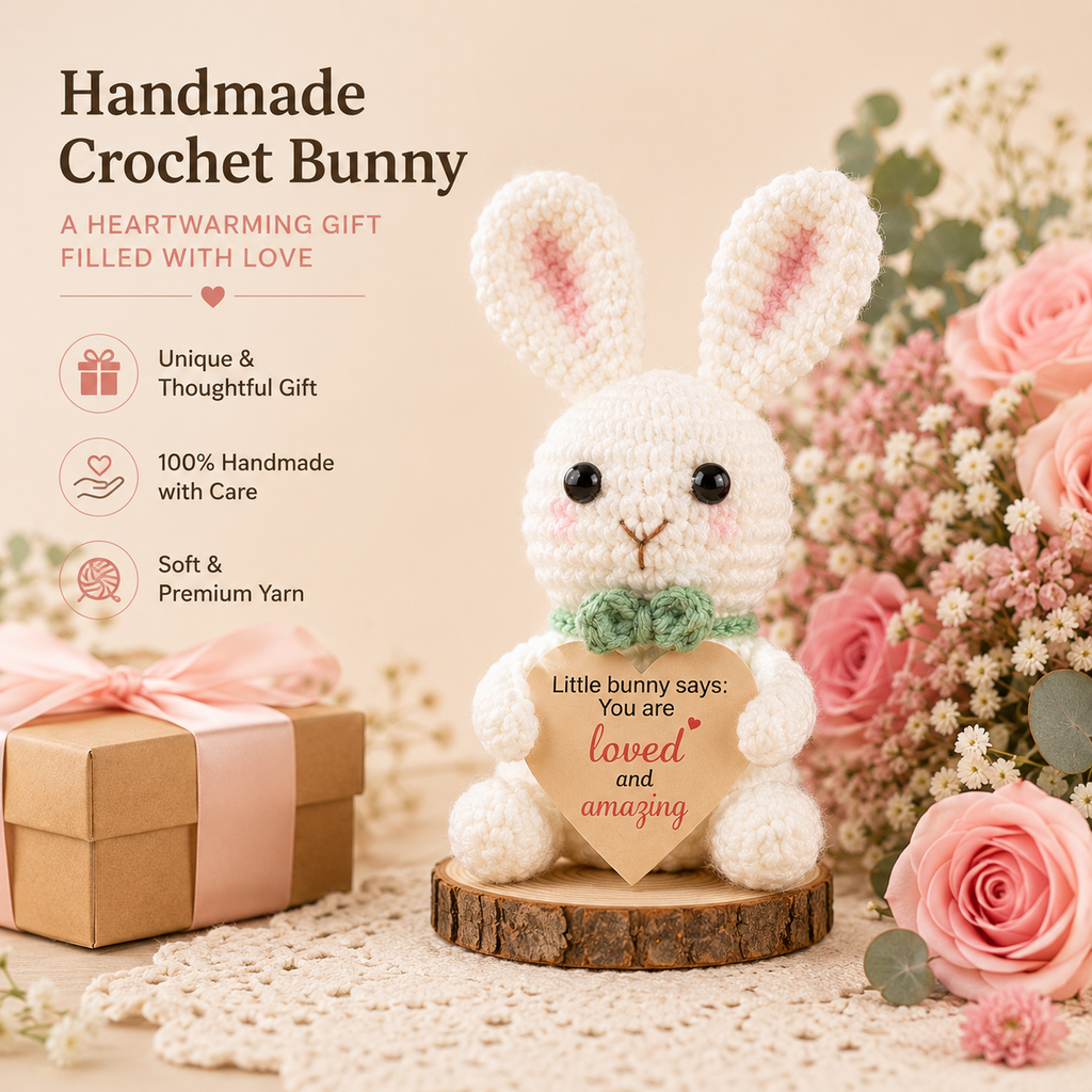 Hand Crochet Flower & Bunny Desk Decorations, shown with the full range