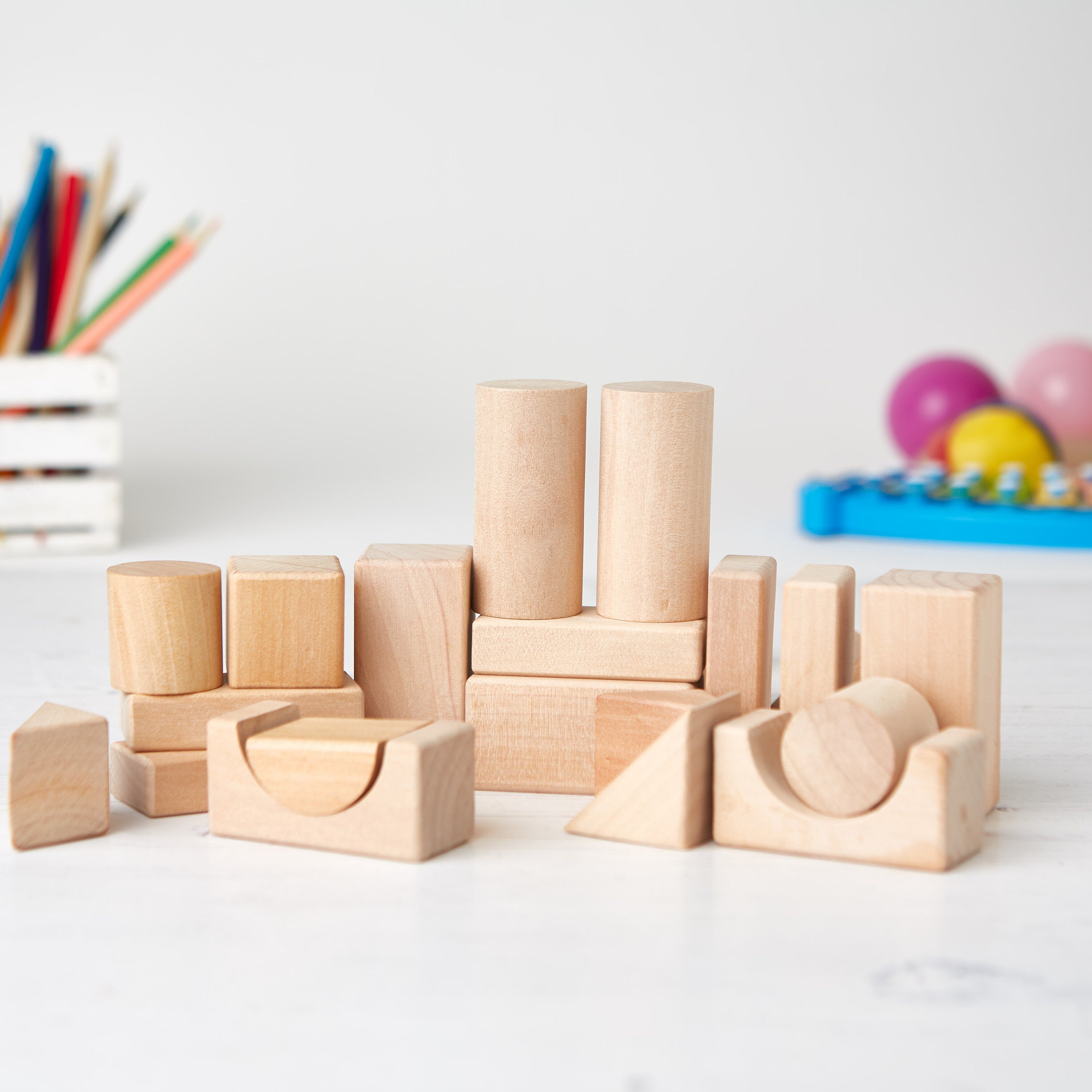 Wooden Building Blocks Set - 50 Pieces - Natural Wood