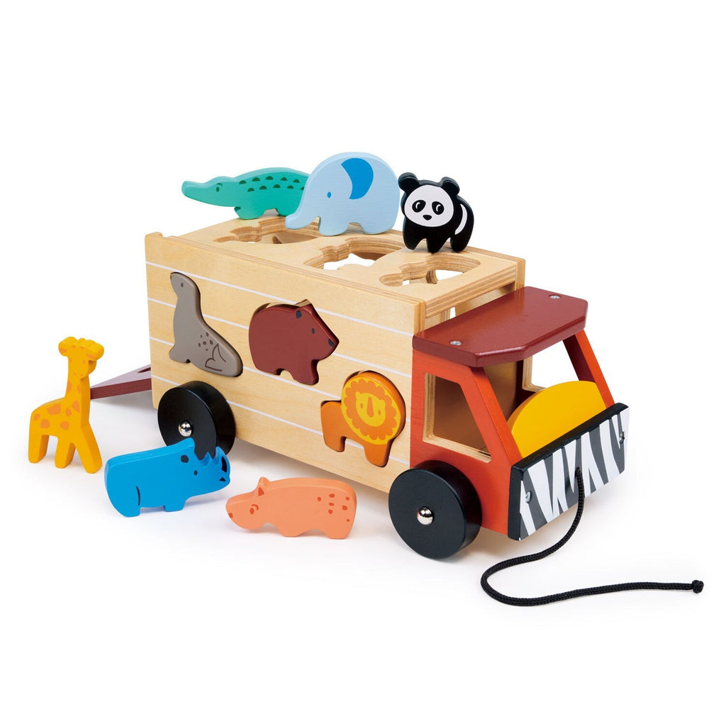 Wooden Shape Sorting Safari Truck - Pull Along Toy - 9 Animals