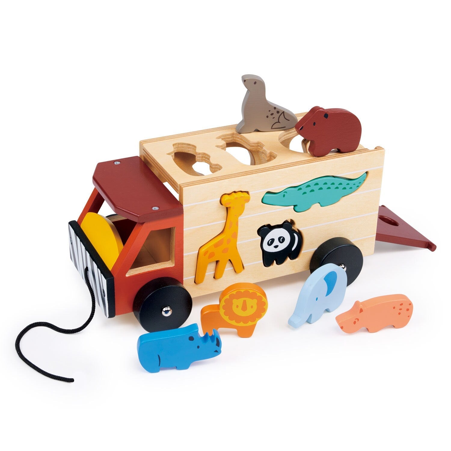 Wooden Shape Sorting Safari Truck - Pull Along Toy - 9 Animals