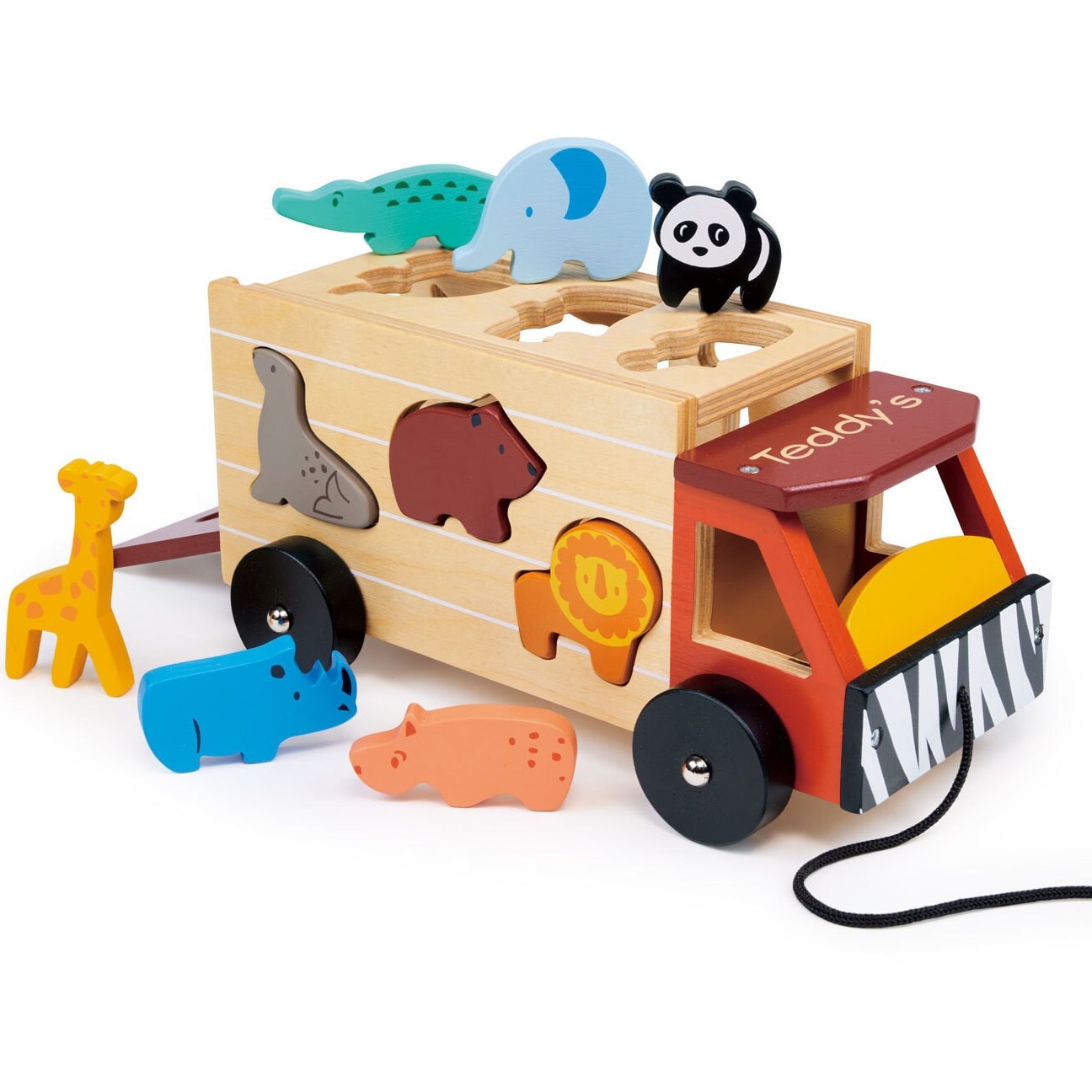 Wooden Shape Sorting Safari Truck - Pull Along Toy - 9 Animals