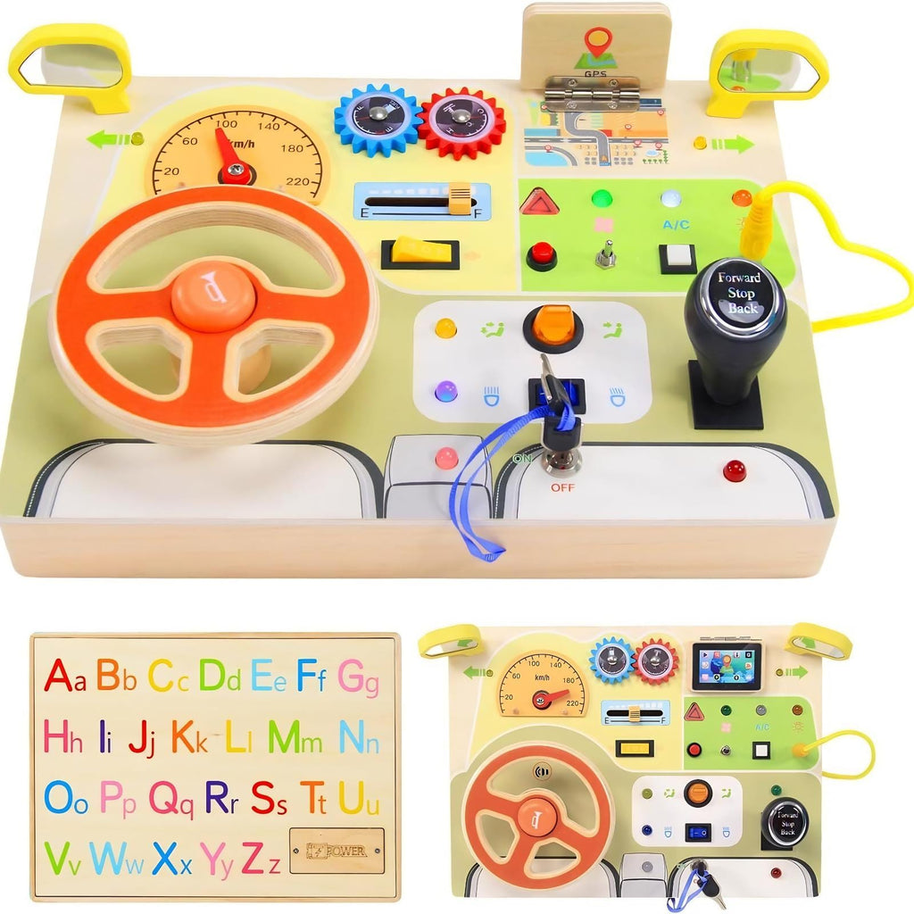 Wooden Driving Steering Wheel Busy Board - Montessori Toy