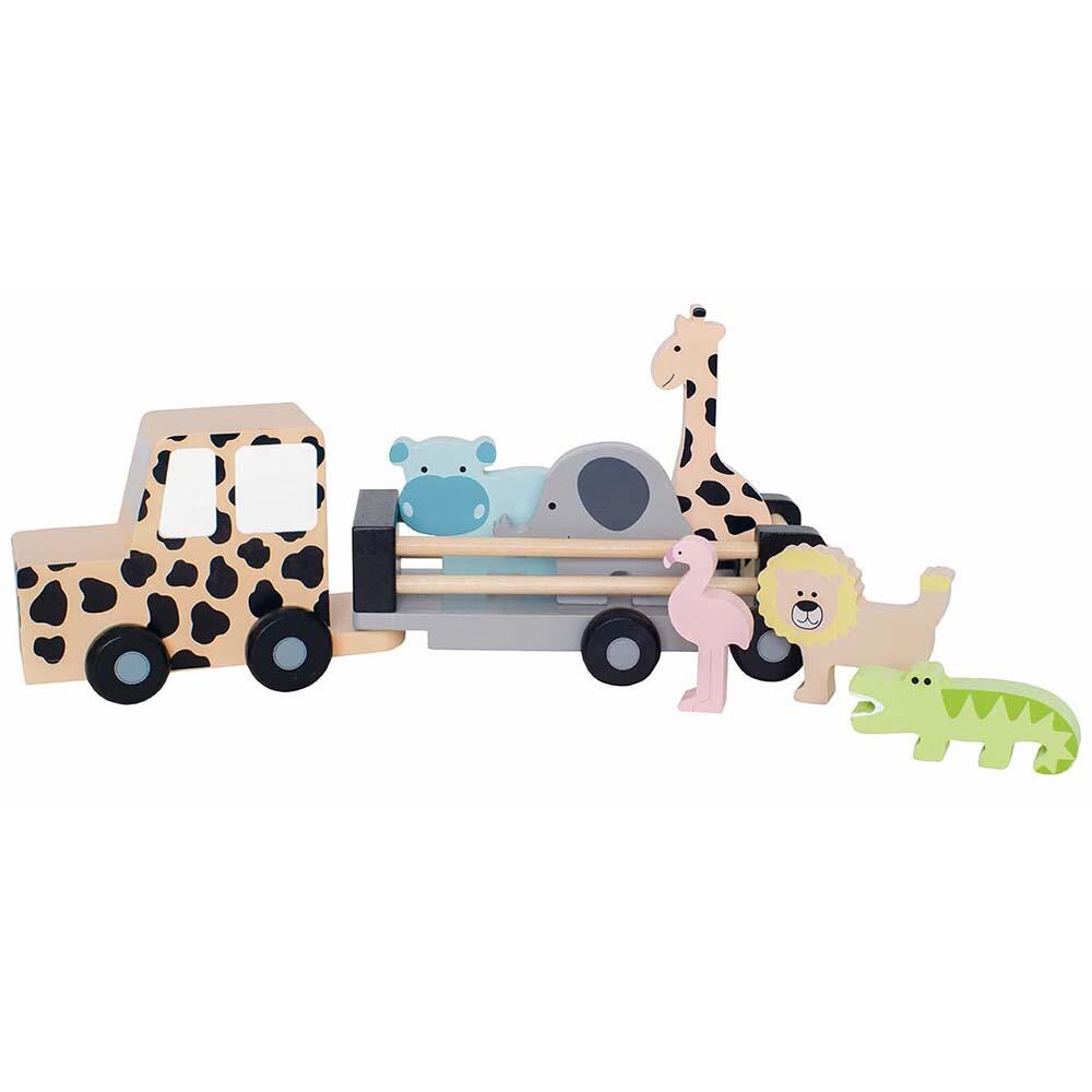 Wooden Jeep Safari & Animal Set - 6 Animals - Rubberwood