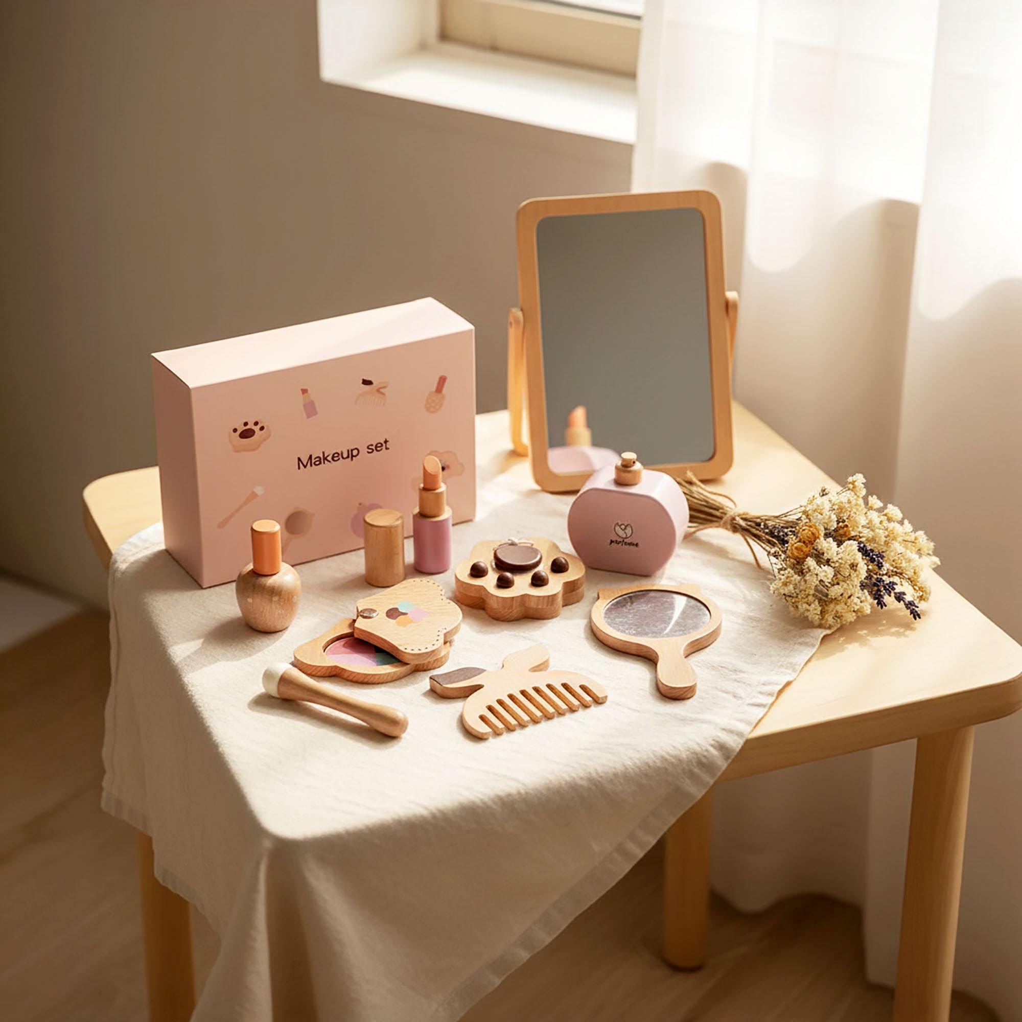 Wooden Kids Makeup Set - Pretend Play Hair Salon - 8 Pieces
