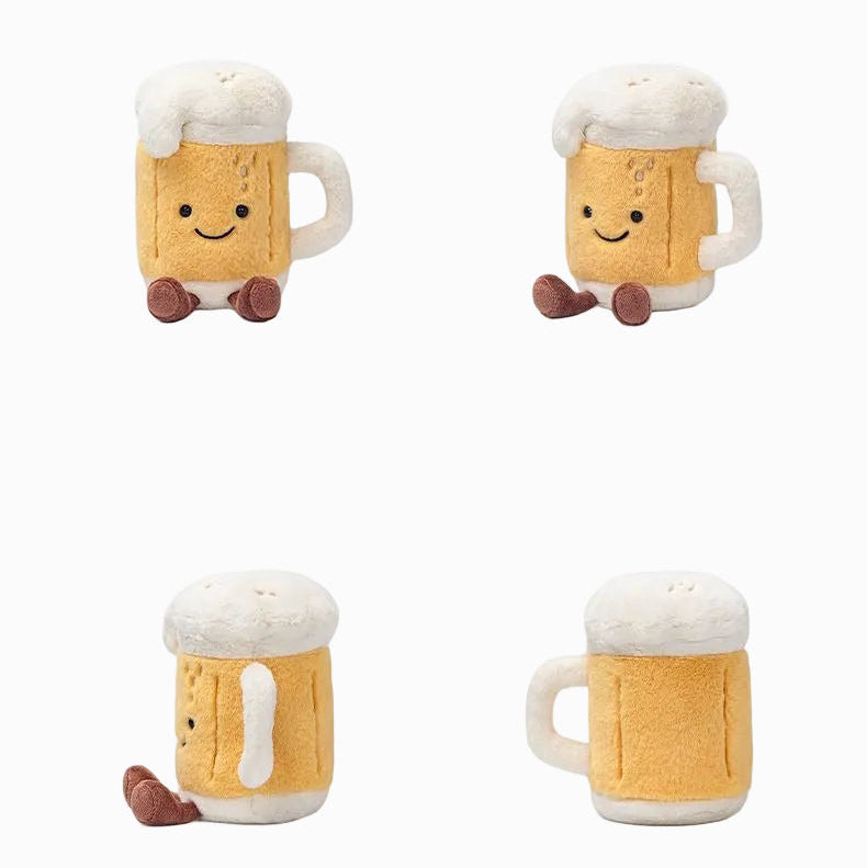 Beer Mug Plush Toy, Soft Stuffed Food Doll with Smiling Face, 18 cm, held in hand for scale