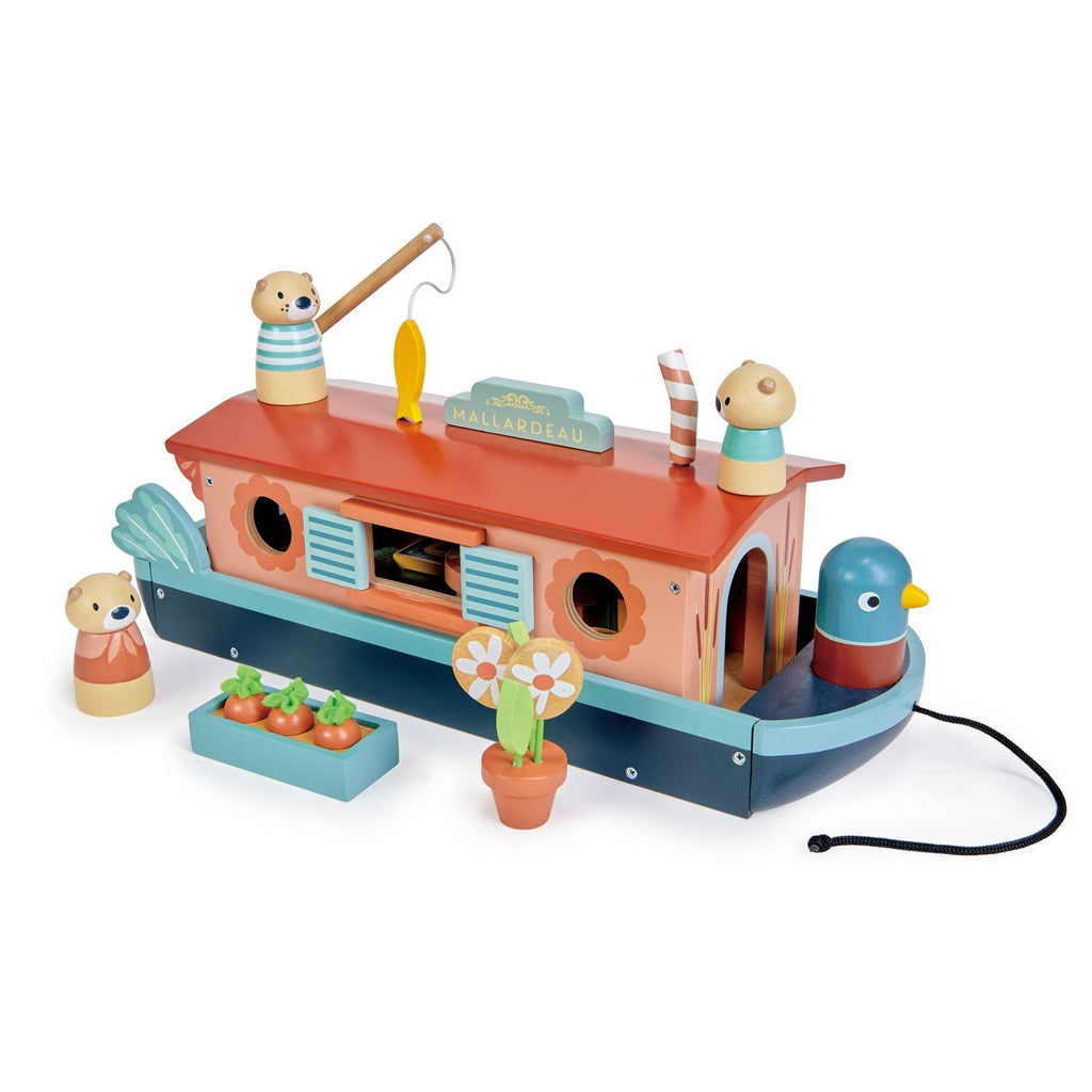 Wooden Canal Boat Toy - Otter Family - Removable Roof