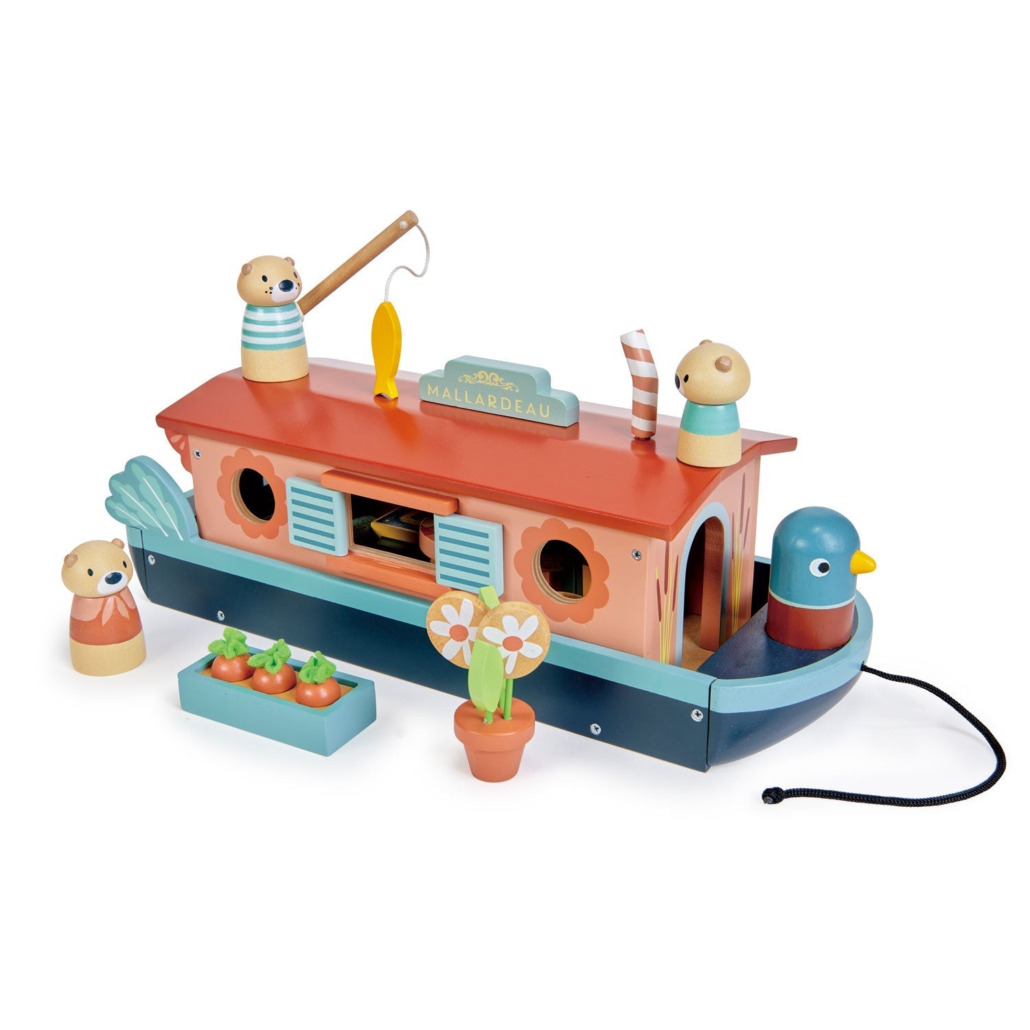 Wooden Canal Boat Toy - Otter Family - Removable Roof