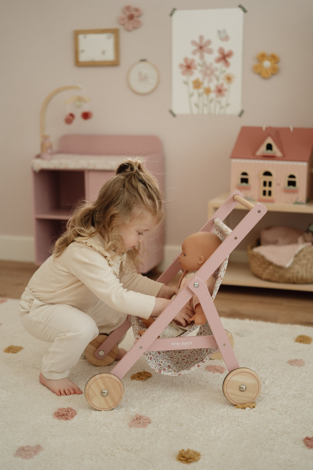 Wooden Doll Stroller - Flowers & Butterflies Design