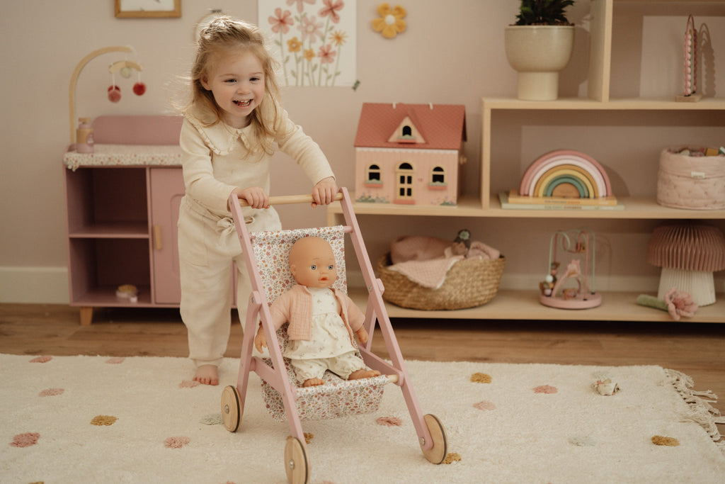 Wooden Doll Stroller - Flowers & Butterflies Design